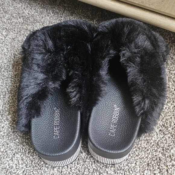 Black Furry Sandals with Rhinestone Accents - Picture 7 of 8